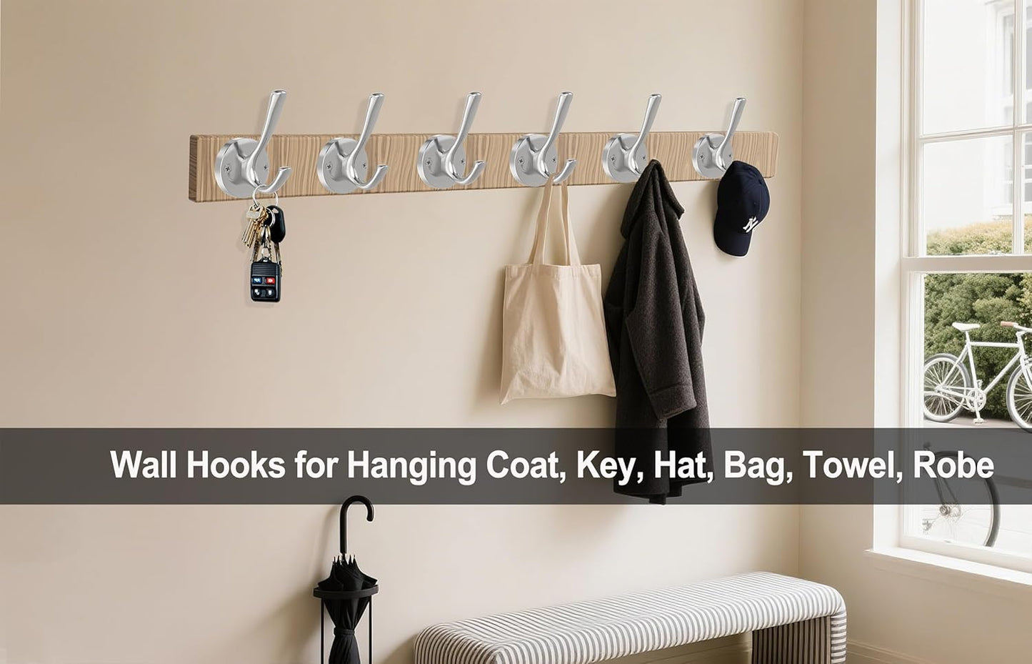 Brushed Nickel Wall Hooks Towel Hooks, 2 Pack Coat Robe Hook Heavy Duty Bathroom Double Hook Wall Mounted, V1259-DP01-F-65