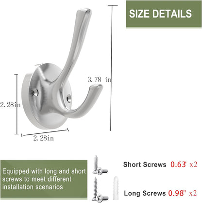 Brushed Nickel Wall Hooks Towel Hooks, 2 Pack Coat Robe Hook Heavy Duty Bathroom Double Hook Wall Mounted, V1259-DP01-F-65