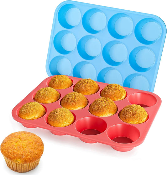 Bangp 2Pack Silicone Muffin Pans for Baking with Metal Reinforced Frame,12 Cup Regular Size Cupcake V1259-DP01-F-73
