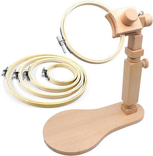 Biaungdo Adjustable Rotated Embroidery Hoop Stand with 5 Pack 5 Sizes Hoop, Wooden Embroidery Holder Frame V1259-DP01-F-8