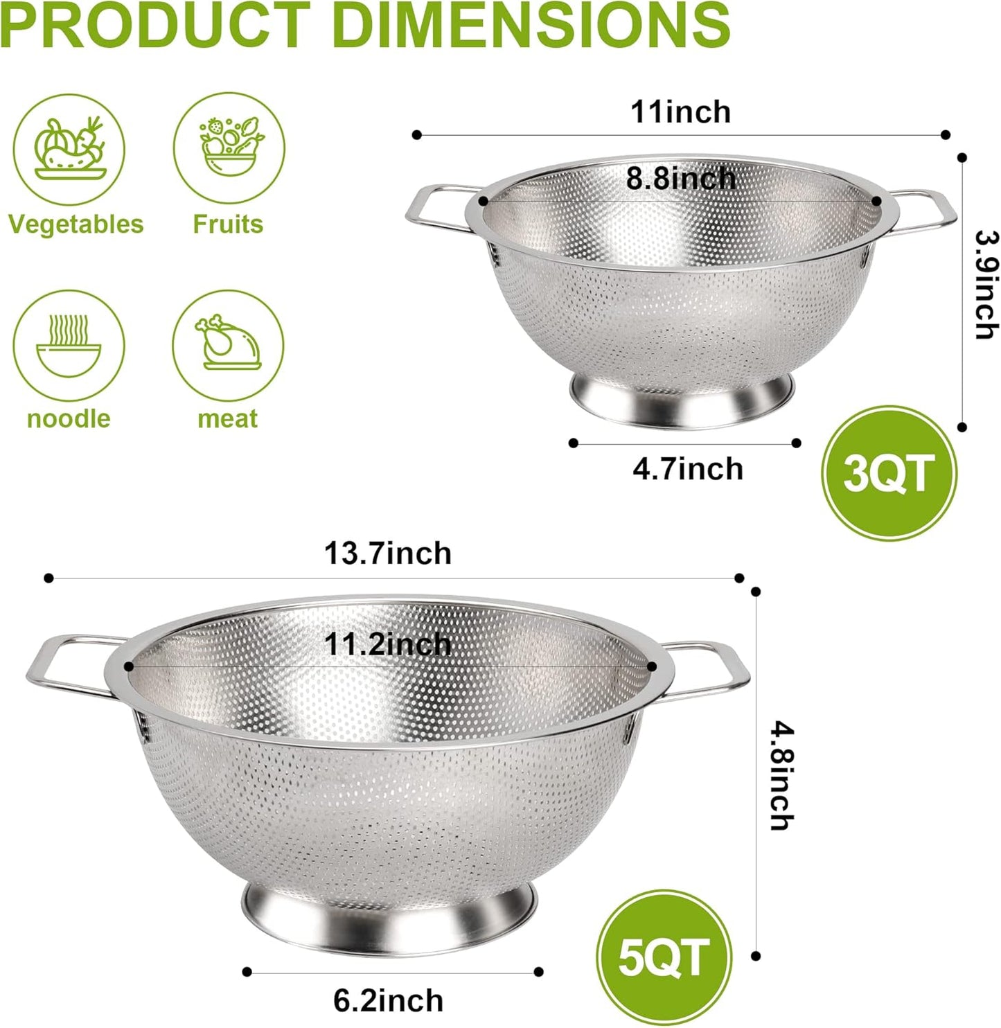 Colander Stainless Steel 3-Quart, Strainer for Kitchen Food, Dishwasher Safe V1259-DP01-F-83