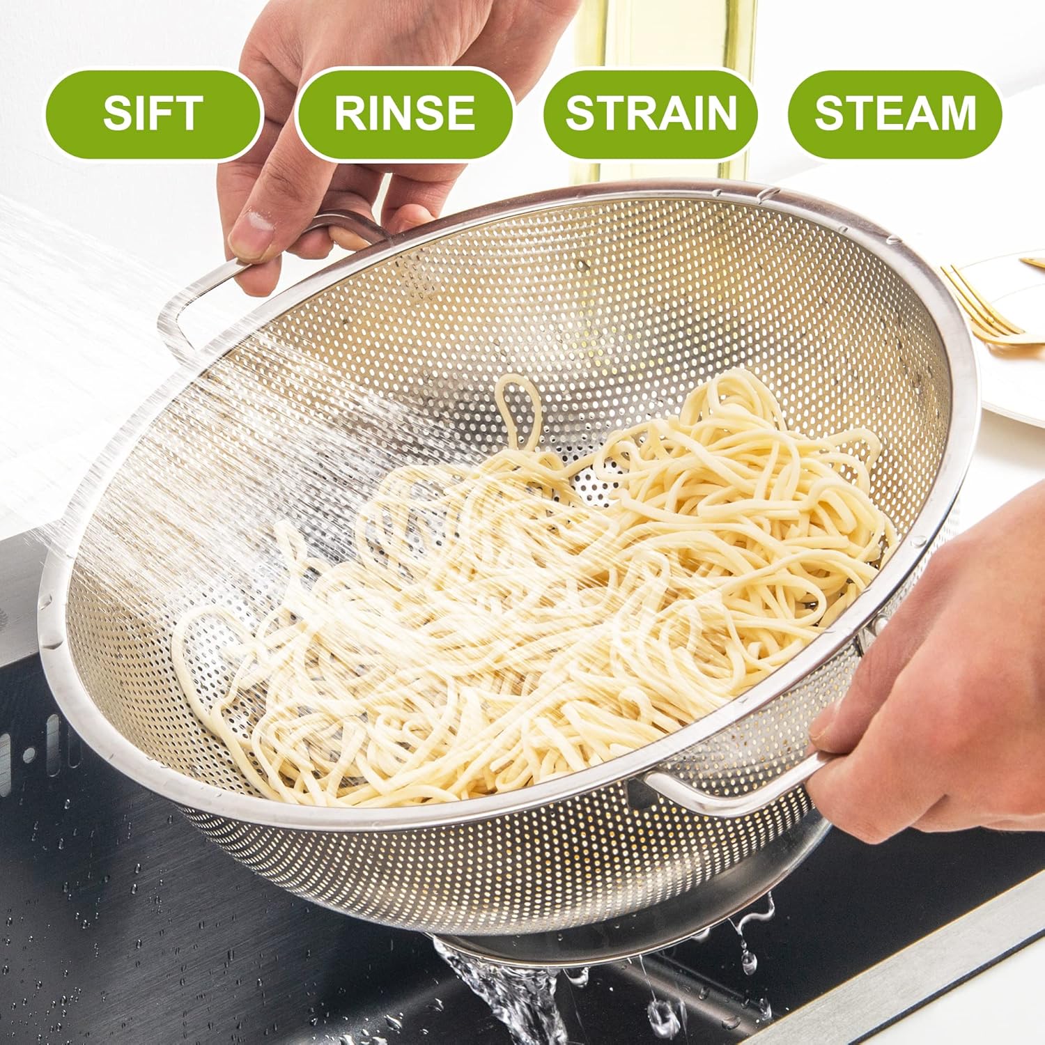Colander Stainless Steel 3-Quart, Strainer for Kitchen Food, Dishwasher Safe V1259-DP01-F-83