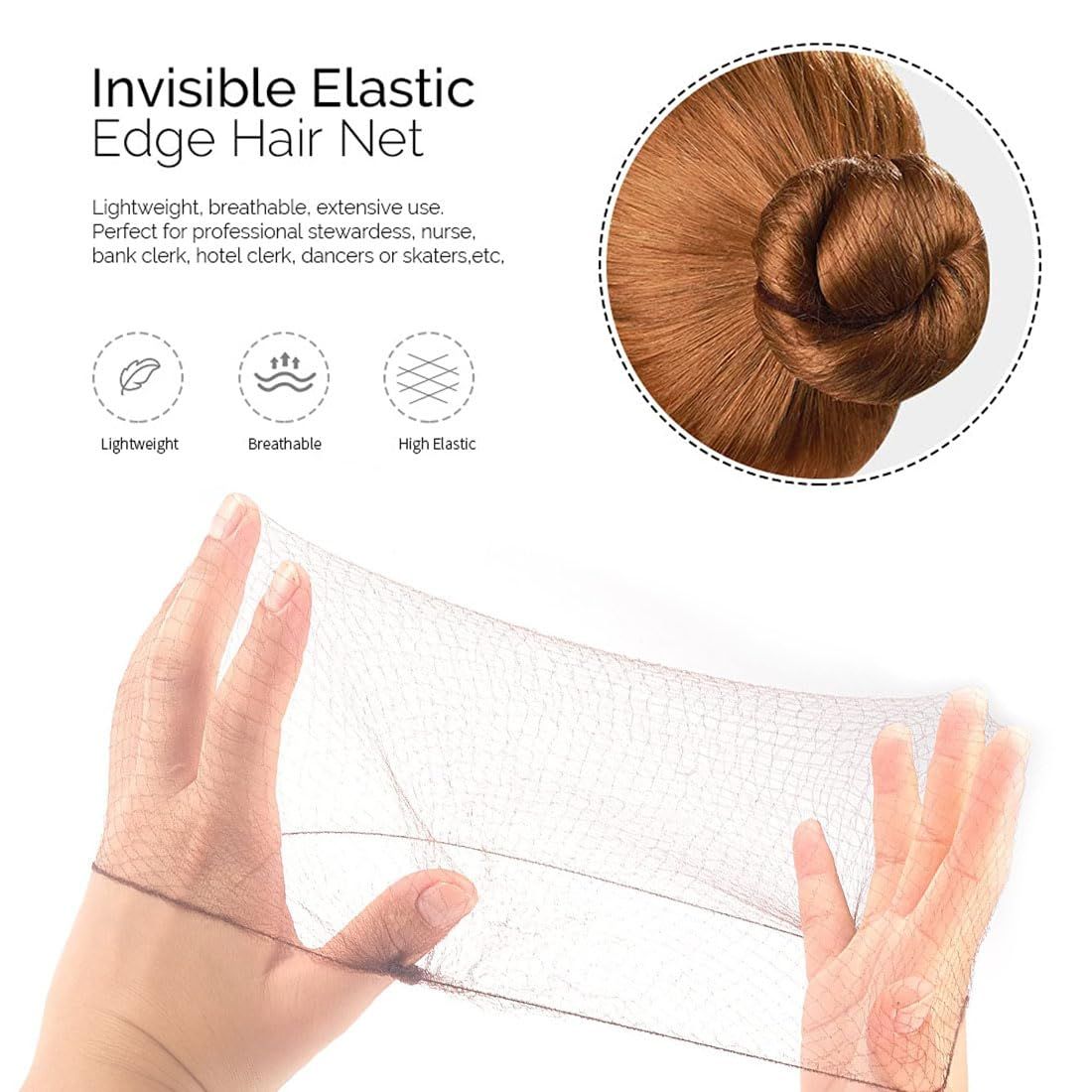 50PCS Hair Nets Invisible Elastic Edge Mesh Bun Hair Nets for Ballet Dance 20" Brown V1259-DP01-G-00003