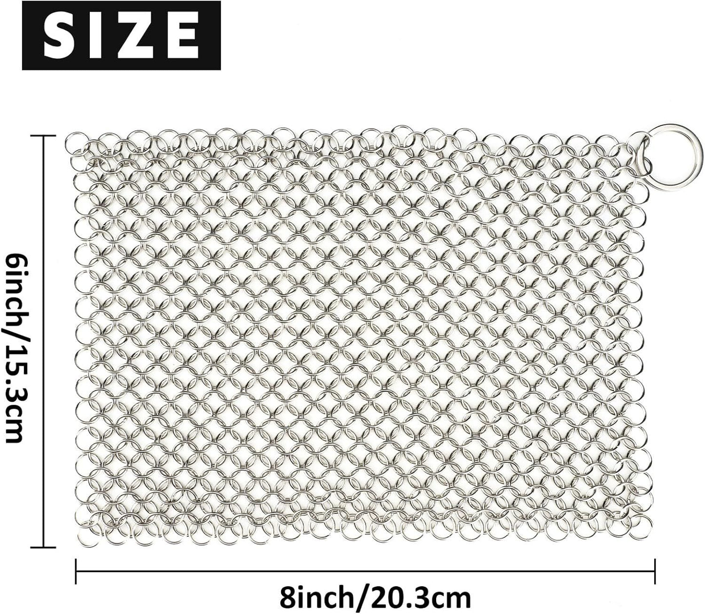 Cast Iron Cleaner 8"x6" 316L Stainless Steel Chainmail Scrubber Scraper Chain Mail Link Scrub for Pans, V1259-DP01-G-00009