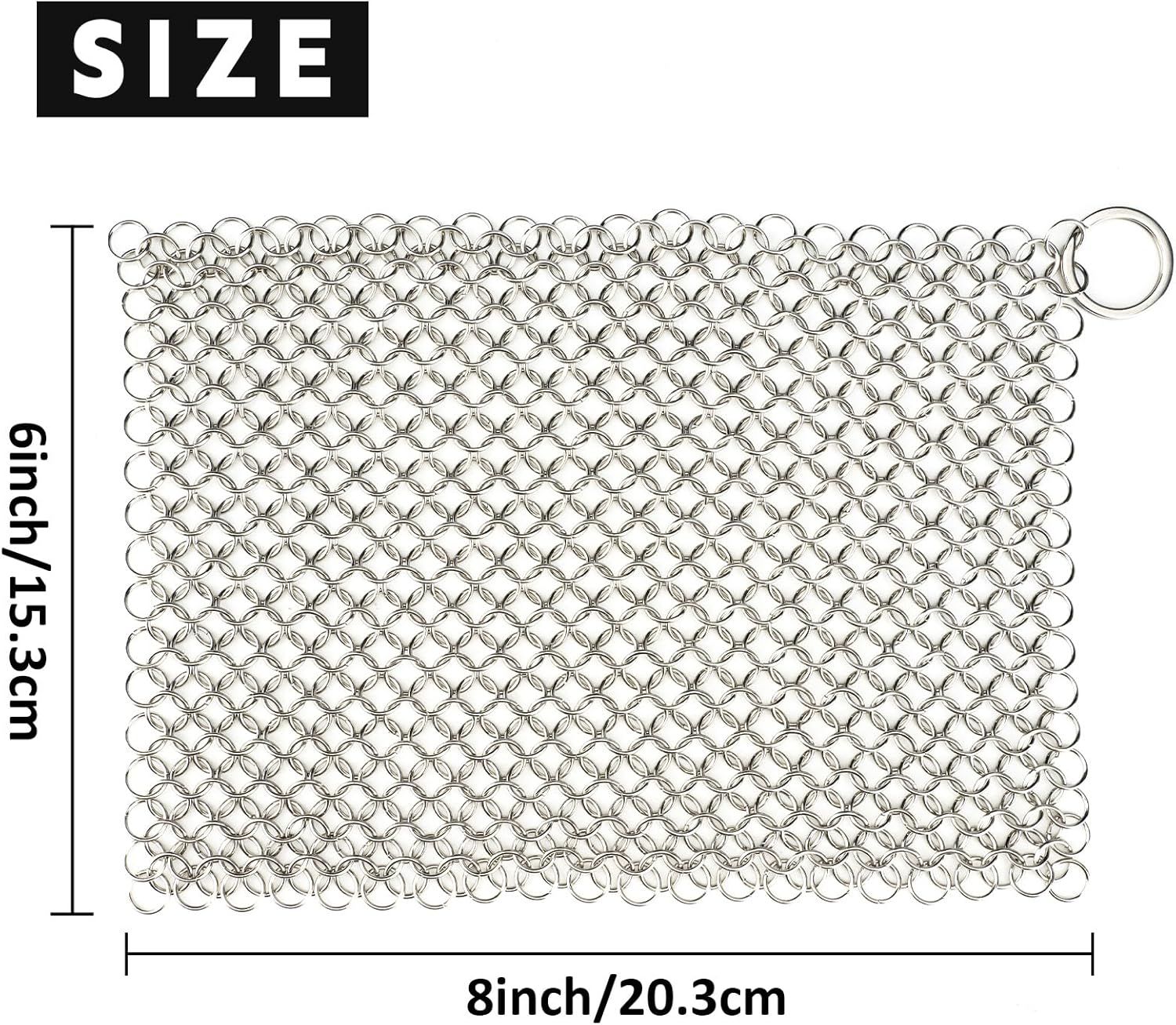 Cast Iron Cleaner 8"x6" 316L Stainless Steel Chainmail Scrubber Scraper Chain Mail Link Scrub for Pans, V1259-DP01-G-00009