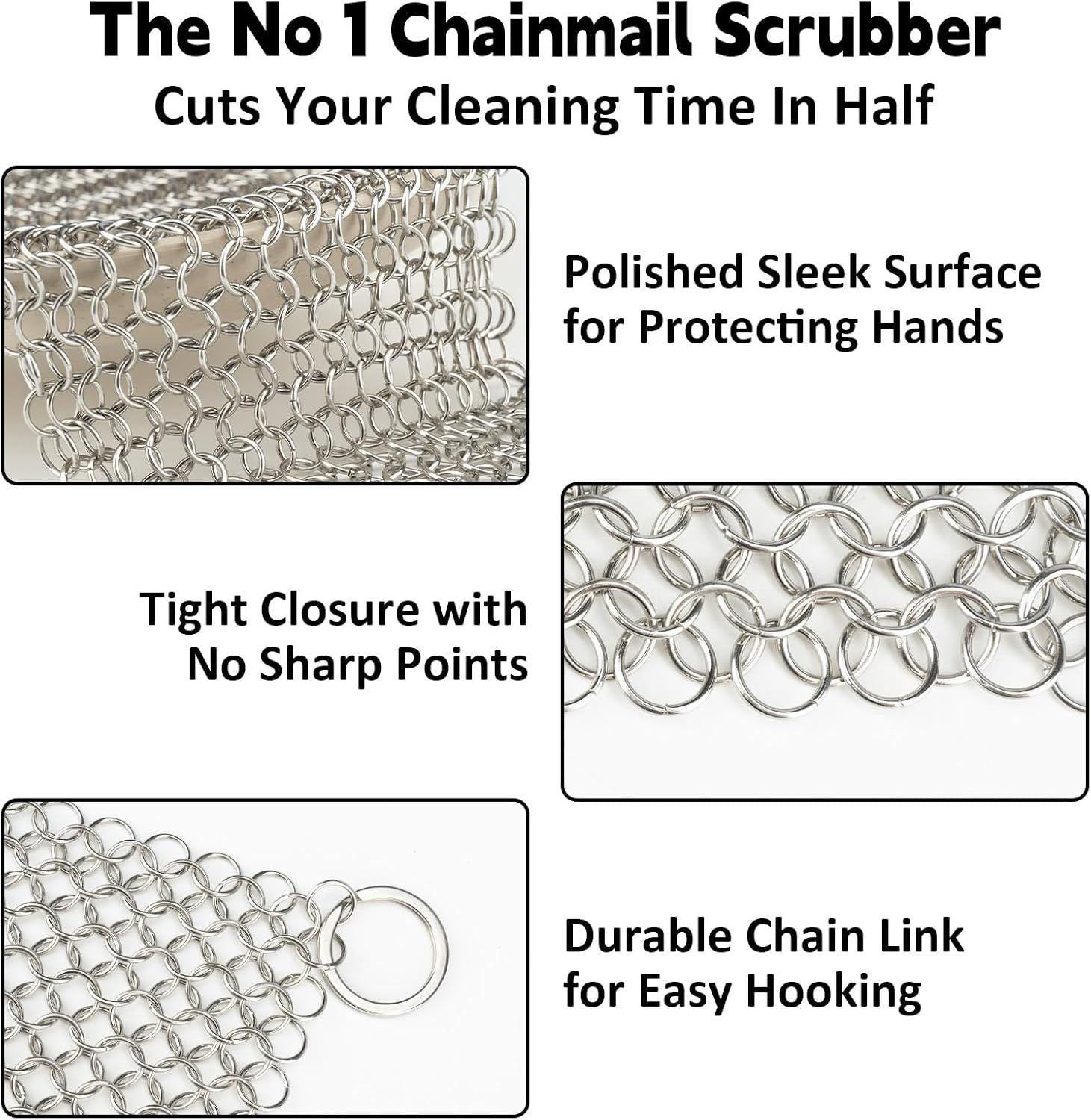 Cast Iron Cleaner 8"x6" 316L Stainless Steel Chainmail Scrubber Scraper Chain Mail Link Scrub for Pans, V1259-DP01-G-00009