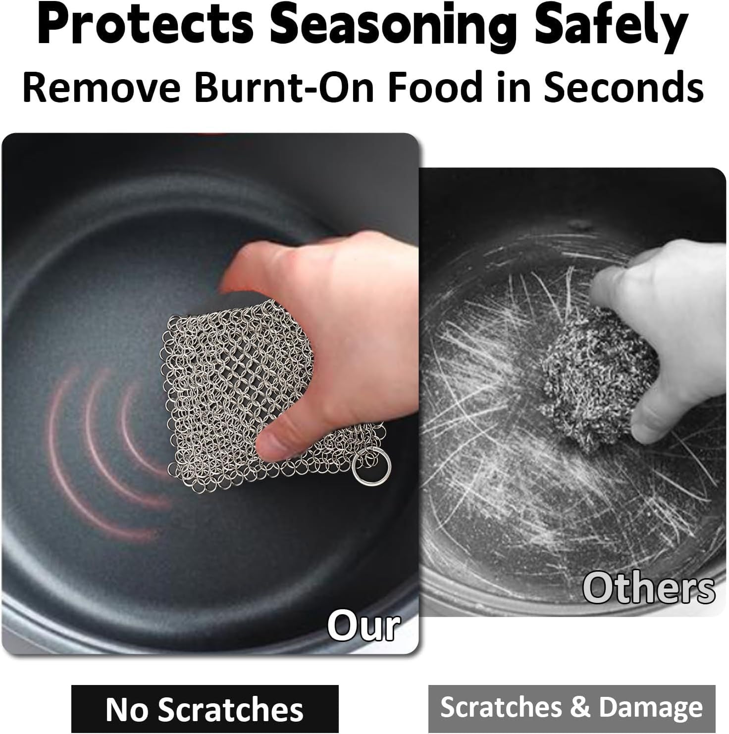 Cast Iron Cleaner 8"x6" 316L Stainless Steel Chainmail Scrubber Scraper Chain Mail Link Scrub for Pans, V1259-DP01-G-00009
