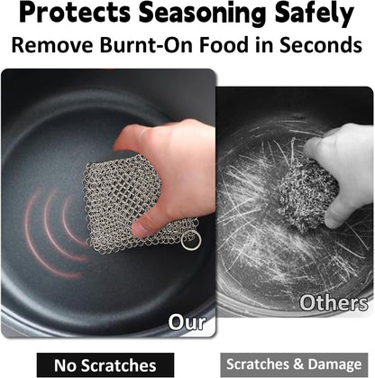 Cast Iron Cleaner 8"x6" 316L Stainless Steel Chainmail Scrubber Scraper Chain Mail Link Scrub for Pans, V1259-DP01-G-00009