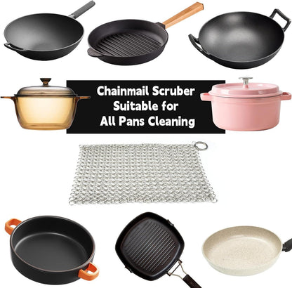 Cast Iron Cleaner 8"x6" 316L Stainless Steel Chainmail Scrubber Scraper Chain Mail Link Scrub for Pans, V1259-DP01-G-00009
