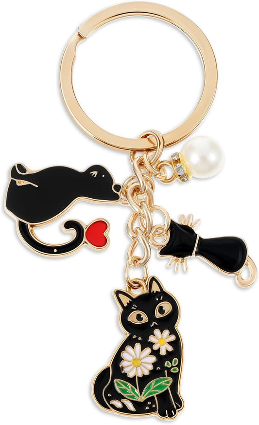 Black Cat Key Chain, Black Cat Keychain, Cute Enamel Daisy Enamel Design Cartoon Kitten Keychain for Girls V1259-DP01-G-00016