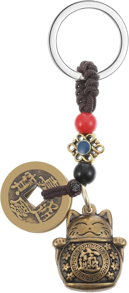 Lucky Cat Keychain, with Five Emperors Money Feng Shui Coins, Maneki Neko Good Luck Charms Lucky Tassel, V1259-DP01-G-00017