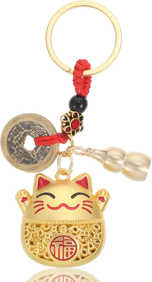 Lucky Cat Keychain, Good Luck Keychain with Feng Shui Coins, Tassel & Gourd, Maneki Statue Charm for Good V1259-DP01-G-00018