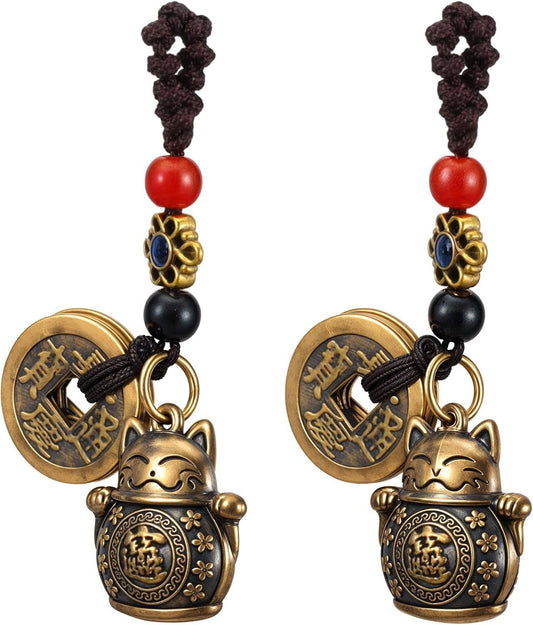 Lucky Cat Keychain, 2 Pcs Japanese Keychain with Feng Shui Coins, Maneki Neko Lucky Cat Charm for Women, V1259-DP01-G-00021