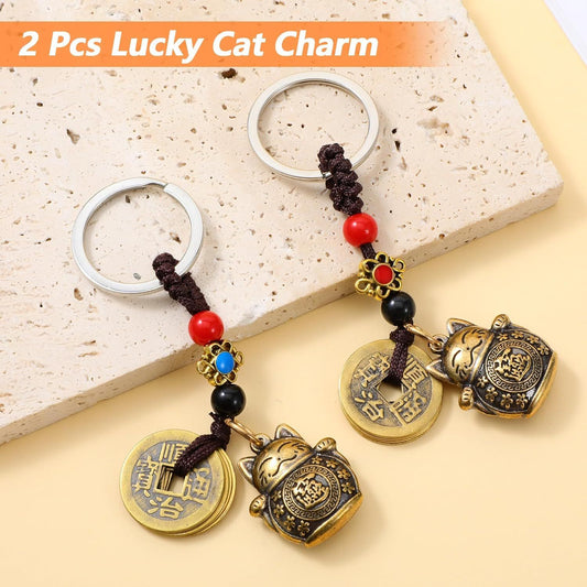 Lucky Cat Keychain, 2 Pcs Japanese Keychain with Feng Shui Coins, Maneki Neko Lucky Cat Charm for Women, V1259-DP01-G-00021