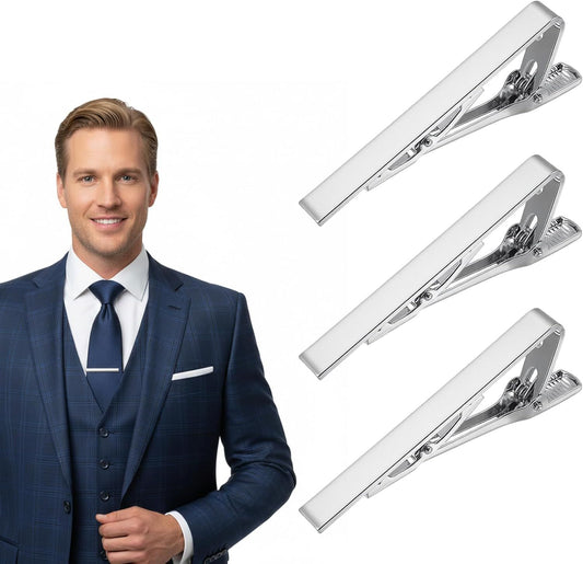 3 Pack Tie Bar Silver, Silver Tie Clip for Men Stainless Steel Necktie Bars, Anti-Slip Grip for Office V1259-DP01-G-00025