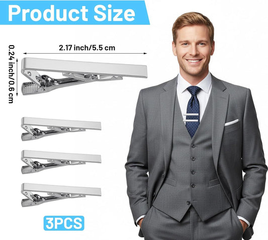 3 Pack Tie Bar Silver, Silver Tie Clip for Men Stainless Steel Necktie Bars, Anti-Slip Grip for Office V1259-DP01-G-00025