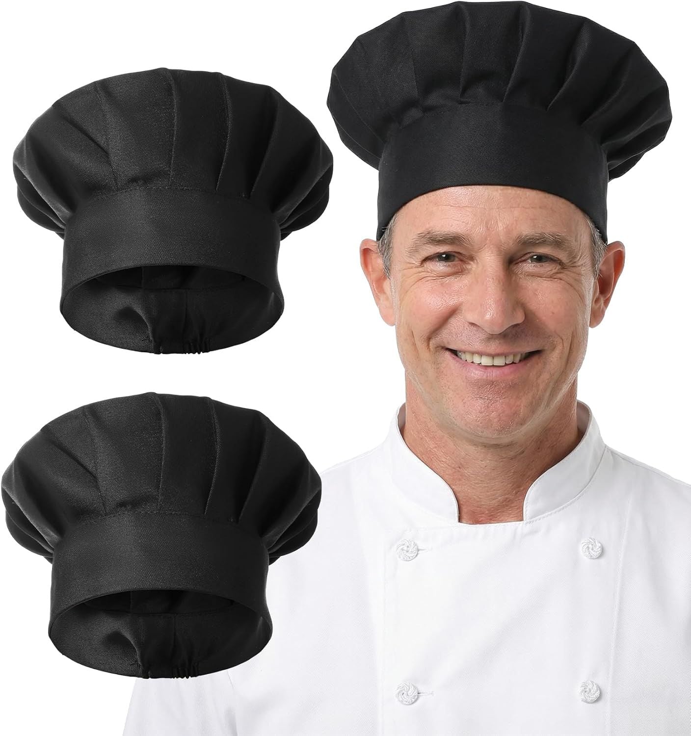 2PCS Black Chef Hat, Chef Cap for Men & Women, Breathable Baker's Hat for Cooking, Kitchen, Reusable & V1259-DP01-G-00026