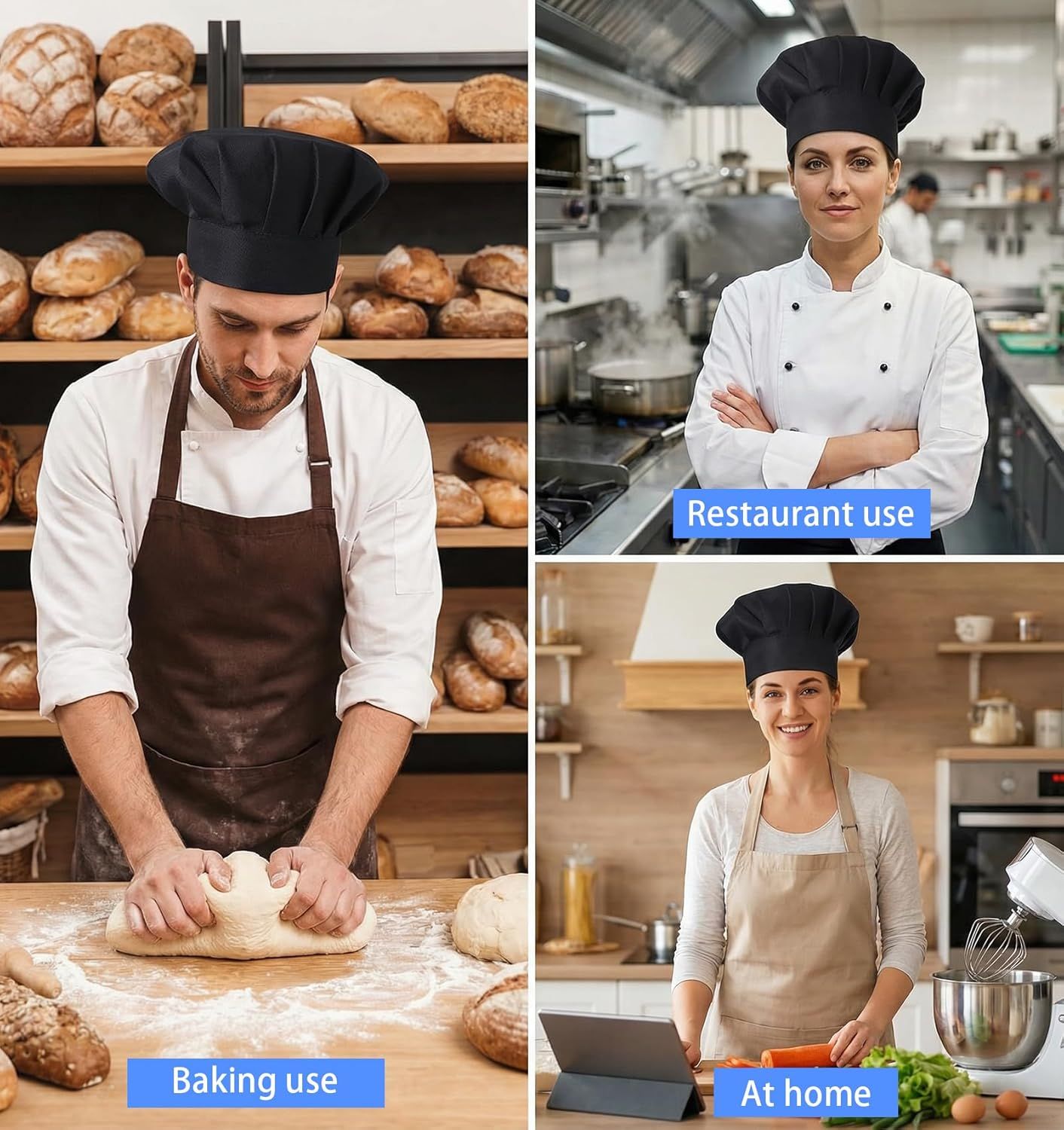 2PCS Black Chef Hat, Chef Cap for Men & Women, Breathable Baker's Hat for Cooking, Kitchen, Reusable & V1259-DP01-G-00026