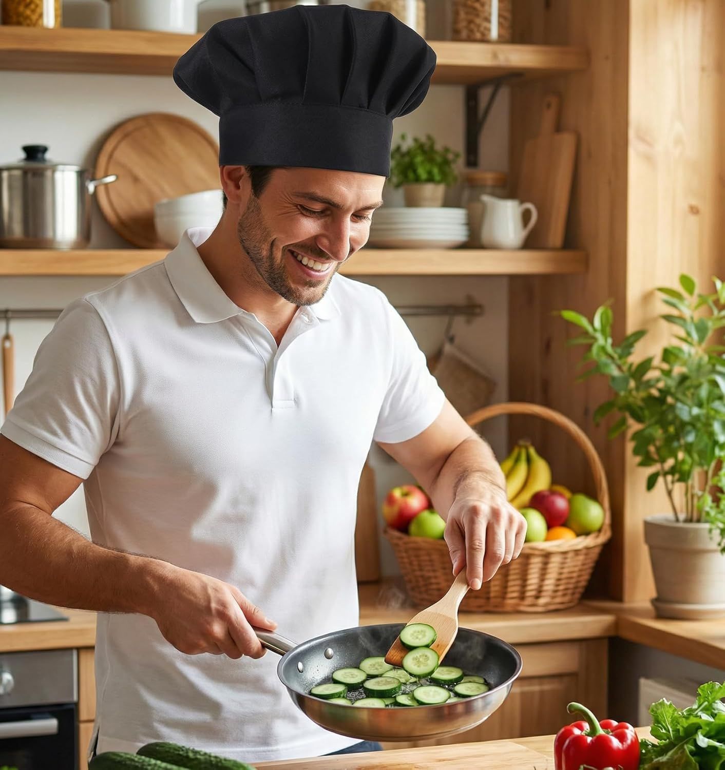 2PCS Black Chef Hat, Chef Cap for Men & Women, Breathable Baker's Hat for Cooking, Kitchen, Reusable & V1259-DP01-G-00026