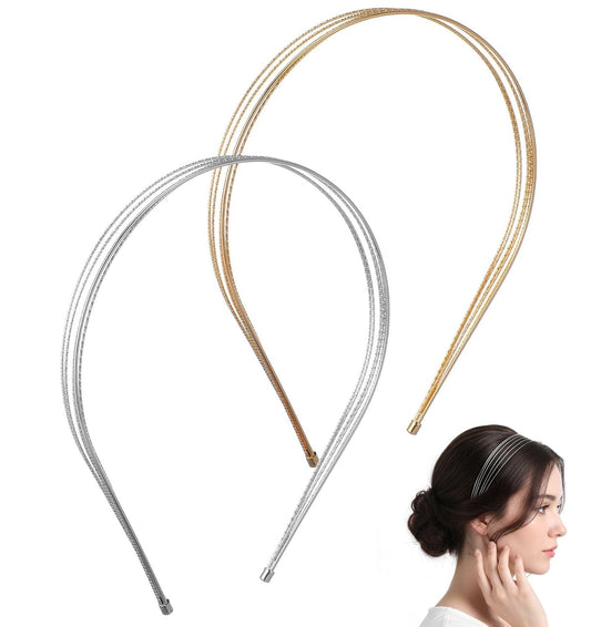 2Pcs Metal Headbands for Women, Silver & Gold Thin Metal Headbands for Women Multi Layers Double Headband, V1259-DP01-G-00031