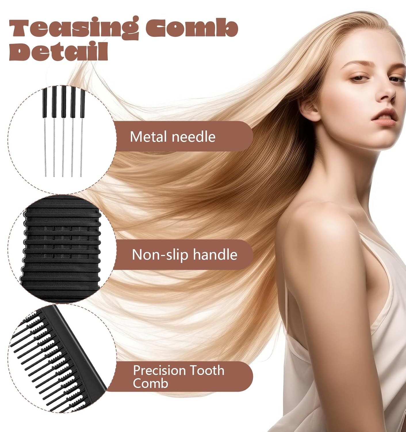 Teasing Combs for Women, 3 Pcs Hair Teasing Comb, Teaser Comb for Women Fine Hair, Slick Back, Volume, V1259-DP01-G-00044