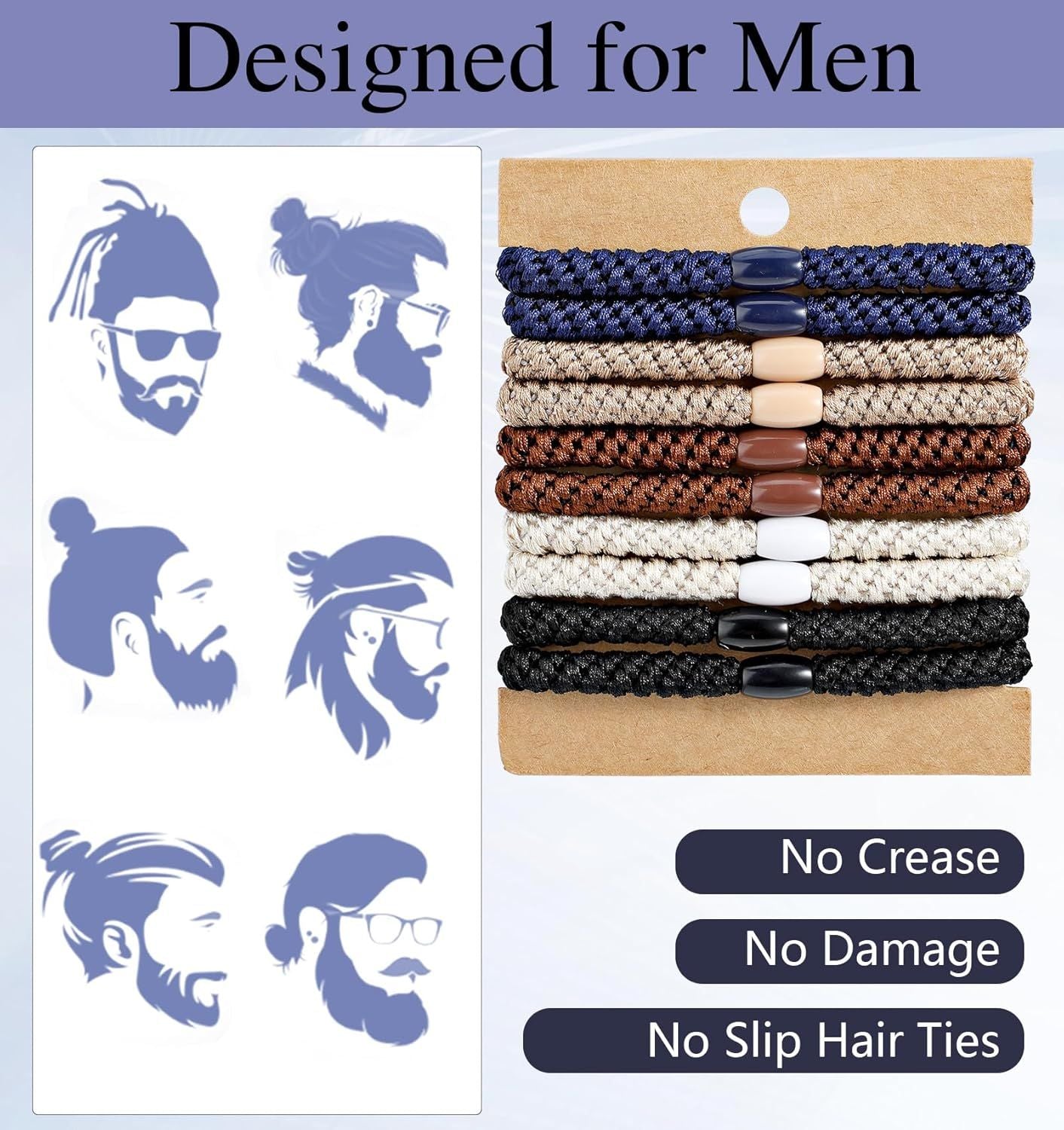 Mens Hair Ties, 10 Pack Hair Ties for Men Guys with Smooth Beads (Multicolor) V1259-DP01-G-00048