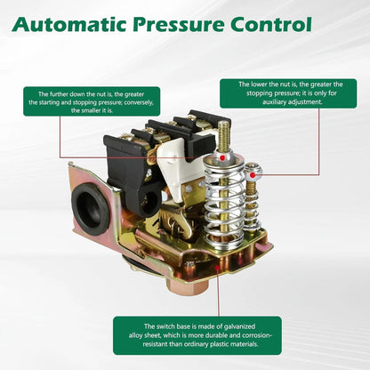 Automatic Water Pump Pressure Switch 40-60 PSI, Adjustable Differential, 1/4" NPT Connection, Durable Grey V1259-DP01-G-00092