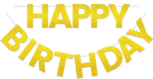 Happy Birthday Banner - 9 ft Pre-Strung Backdrop Sign for Women, Men, Girls, Boys - No DIY Gold Glitter V1259-DP01-G-00101