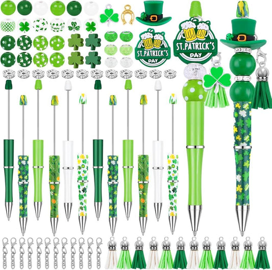 12 Set St Patricks Day Beadable Pens Plastic Bead Pens Clover Green Bulk Ballpoint DIY Crafting Pens Making V1259-DP01-G-00105