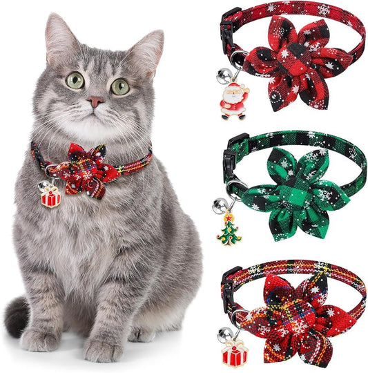 3 Pack Cat Collars, Christmas Flower Kitten Collars with Adjustable Breakaway Bow Tie Bell Plaid Snowflake V1259-DP01-G-00107