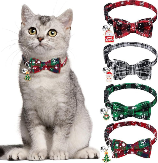 4 Pack Christmas Cat Collars with Adjustable Breakaway Bow Tie Bell Plaid Snowflake Xmas Pet Supplies for Cats V1259-DP01-G-00108
