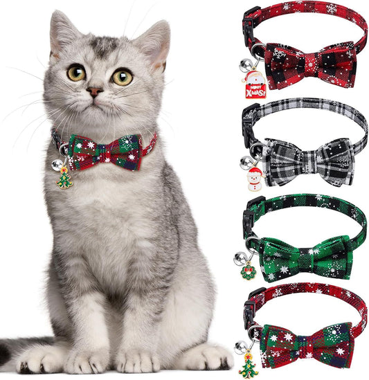 4 Pack Christmas Cat Collars with Adjustable Breakaway Bow Tie Bell Plaid Snowflake Xmas Pet Supplies for Cats V1259-DP01-G-00108
