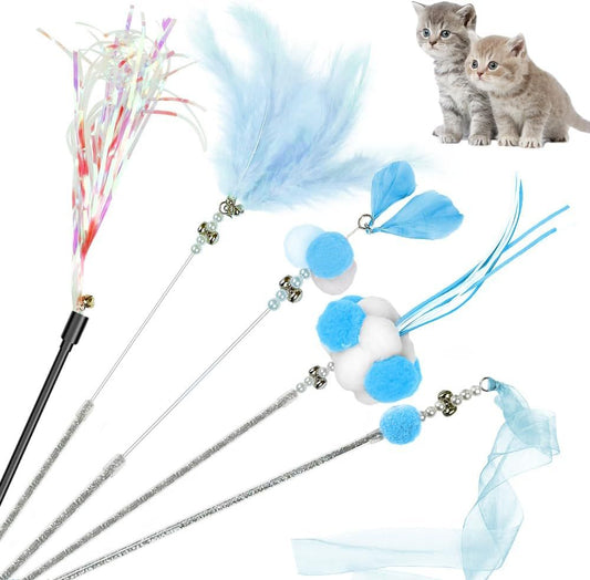 Cat Wand Toys, 5Pcs Interactive Kitten Feather Wand Toys for Bored Indoor Cats, Cat Teaser Wand with Bell and V1259-DP01-G-00109