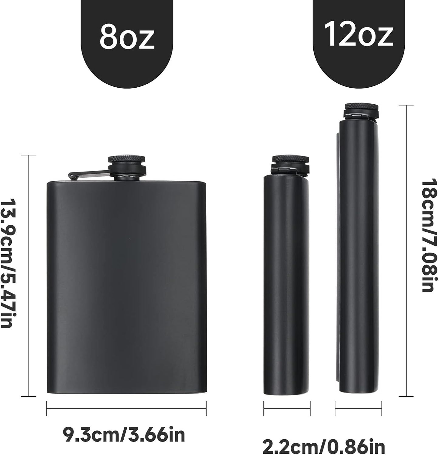 2 Pack Hip Flasks for Liquor, 8 Oz & 12 Oz Stainless Steel Leakproof Thin Flasks with Funnel for Men & Women V1259-DP01-H-00006