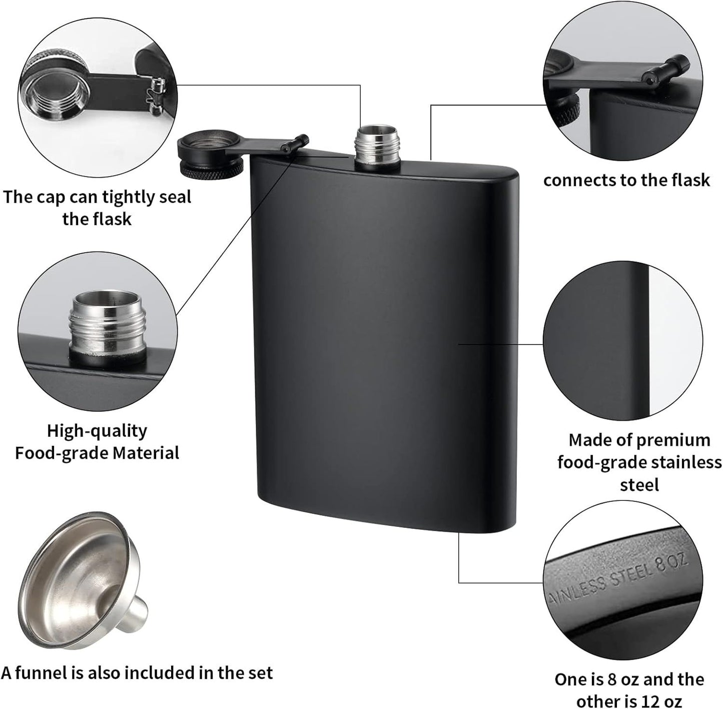 2 Pack Hip Flasks for Liquor, 8 Oz & 12 Oz Stainless Steel Leakproof Thin Flasks with Funnel for Men & Women V1259-DP01-H-00006