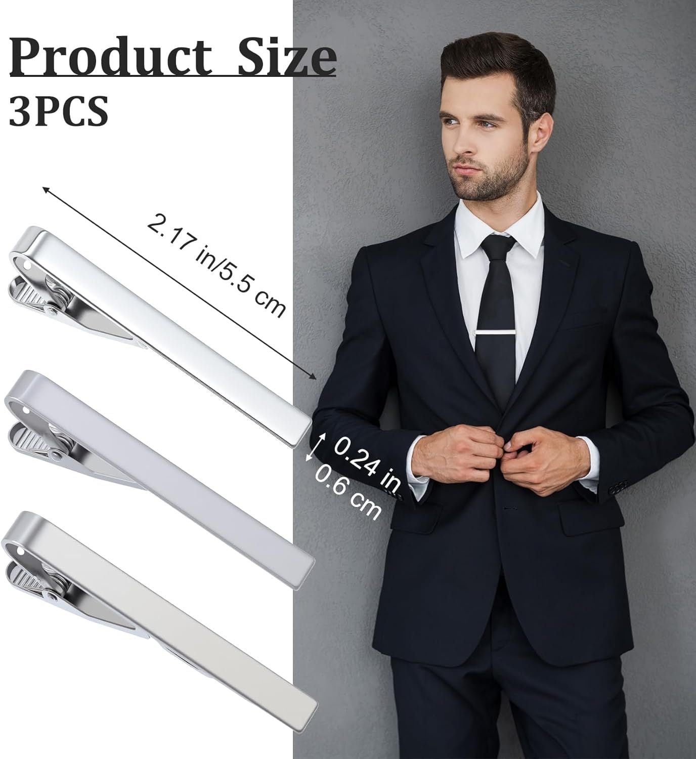 3 Pack Silver Tie Clips for Men, Classic Tie Clips for Men Silver with Adjustable Clasp Ideal for V1259-DP01-H-00012