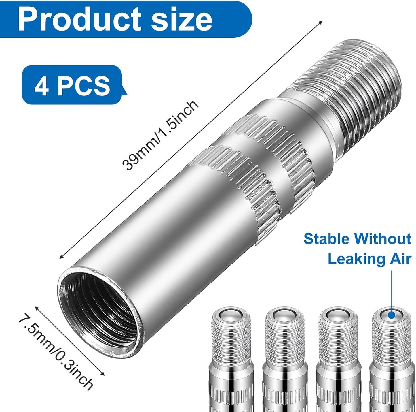 4Pcs Tire Valve Extender, Tire Valve Extension Adapter 39mm for Car & Motorcycle, Silver (Heavy Duty, Leak V1259-DP01-H-00020