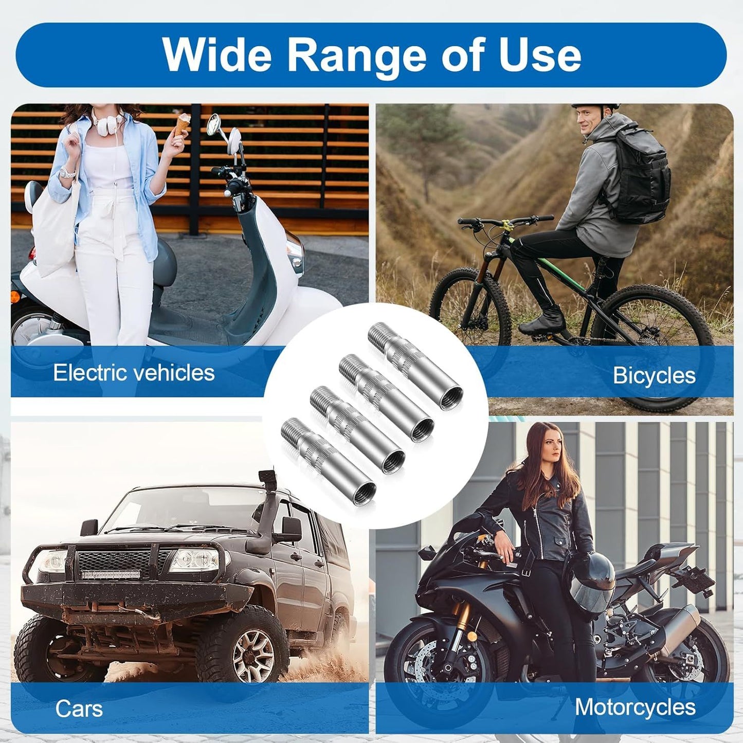 4Pcs Tire Valve Extender, Tire Valve Extension Adapter 39mm for Car & Motorcycle, Silver (Heavy Duty, Leak V1259-DP01-H-00020