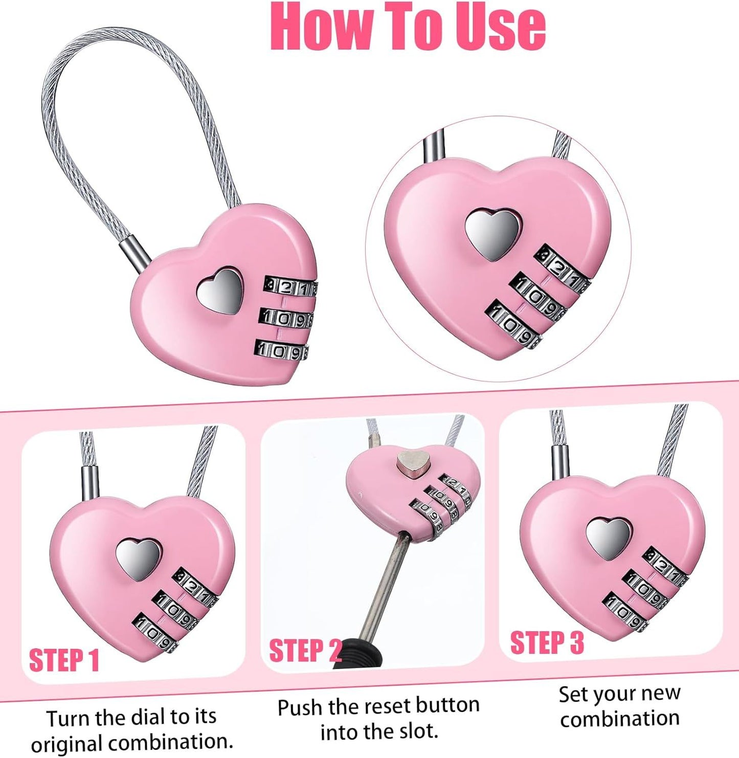 Pink Locker Lock, 3Pcs Heart Shaped Lock, Heart Locks for Suitcase & Locker (3 Colors) V1259-DP01-H-00021