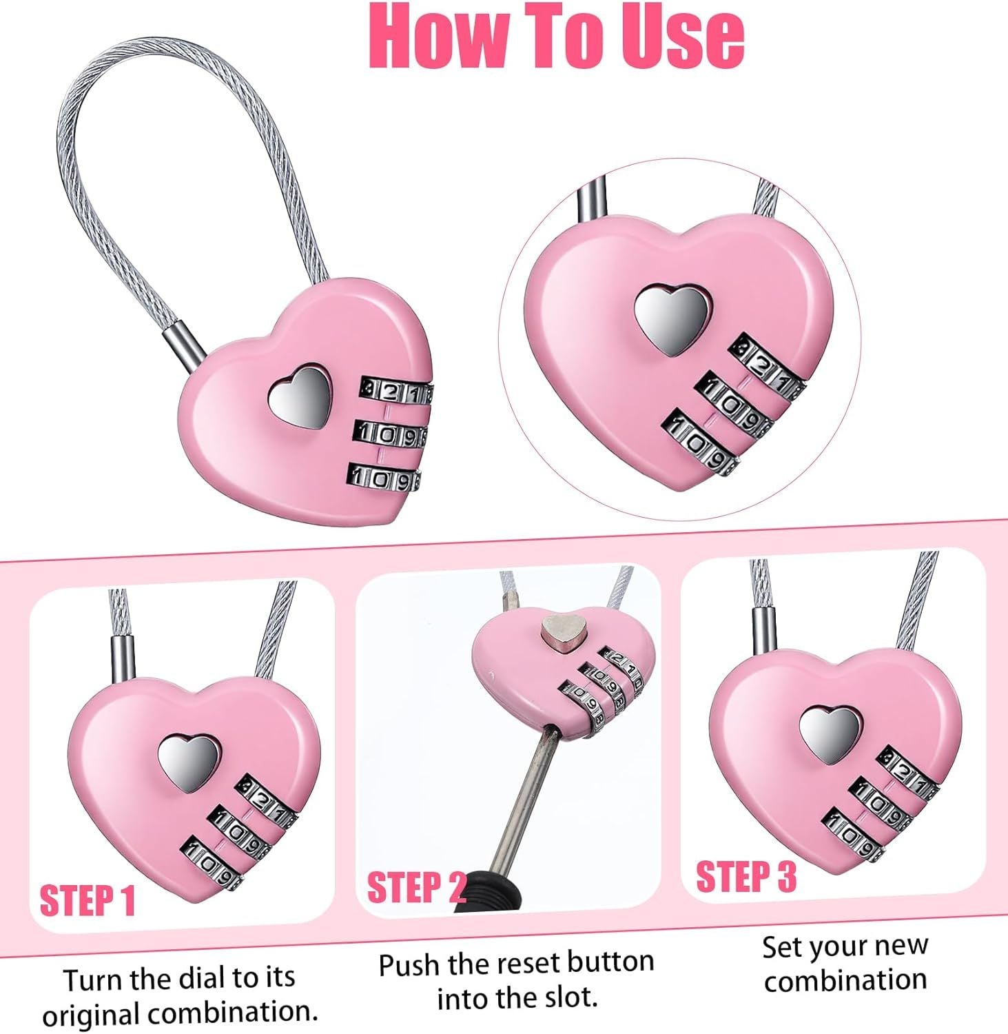 Pink Locker Lock, 3Pcs Heart Shaped Lock, Heart Locks for Suitcase & Locker (3 Colors) V1259-DP01-H-00021