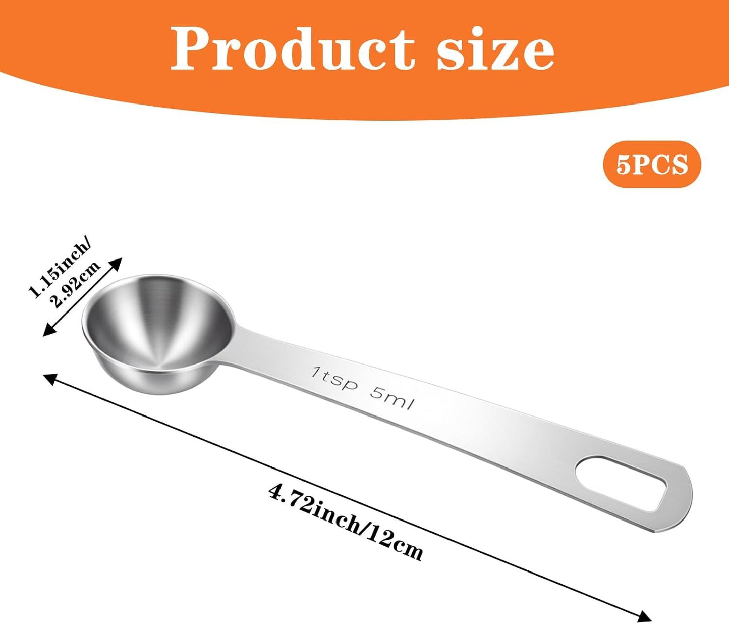 5PCS Teaspoon Measuring Spoon, 4.72 inch Stainless Steel 1 Tsp Measuring Spoon Set for Kitchen Ingredients V1259-DP01-H-00024