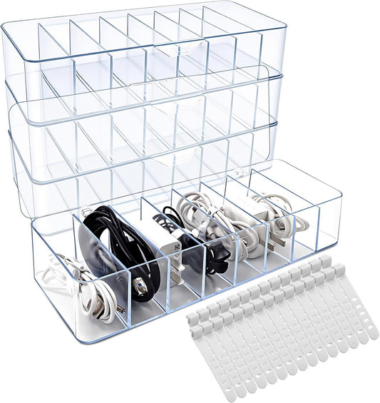 4 Pack Cable Storage Organizer, 10 In Plastic Cord Storage Box with 30 Wire Ties, Clear Charger Organizer V1259-DP01-H-00032