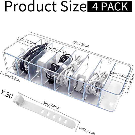 4 Pack Cable Storage Organizer, 10 In Plastic Cord Storage Box with 30 Wire Ties, Clear Charger Organizer V1259-DP01-H-00032