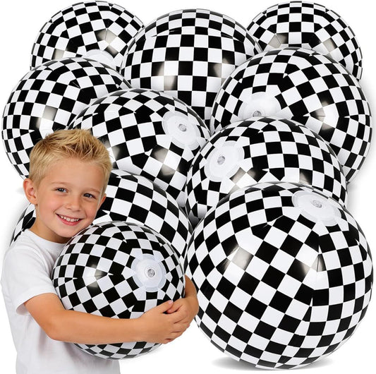 12 Pack 12 Inch Black and White Beach Balls, Checkered Flag Themed Inflatable Beach Ball Bulk Race Car Party V1259-DP01-H-00077