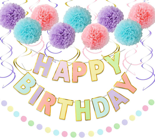 Macaron Birthday Decorations - 20-Pc Set with Pre-Strung Happy Birthday Banner, Tissue Paper, Garland, Swirls V1259-DP01-H-00083