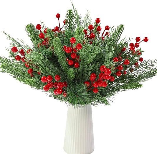 60 PCS Artificial Pine Branches Christmas Faux Pine Greenery Stems Red Holly Berries Fake Cedar Pine Needles V1259-DP01-H-00090