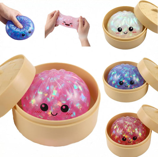 Glitter Dumpling Squishy Toy Dumpling Stress Ball with Steamer Case, Stress Relief Fidget Toy for Adults, V1259-DP01-H-00099