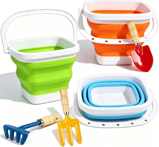 Collapsible Beach Bucket with Metal Shovels Set, Beach Toys Gifts for Adults, ABS Foldable Pails for Pool, V1259-DP01-H-00106