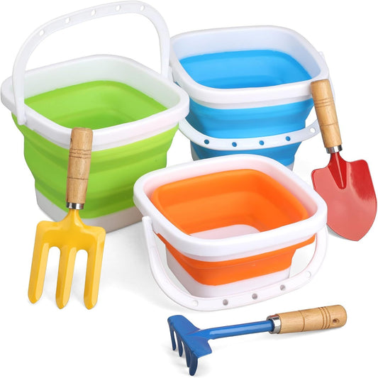 Gardening Tools Set Foldable Beach Bucket with Metal Shovels for Adults, Collapsible Pails Sand Bucket for V1259-DP01-H-00107