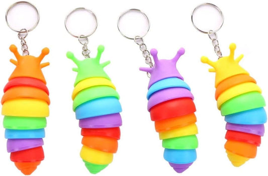 4 PCS Mini Fidget Slug Key-Chain Toys,3D Articulated Stretch Caterpillar Sensory Flexible Hand Toy, Ideal V1259-DP01-H-00111
